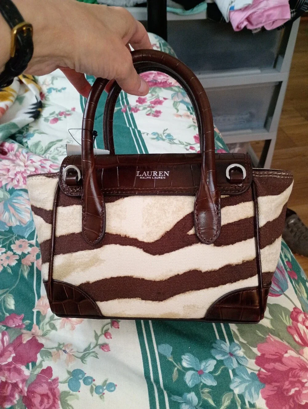 NWT Ralph Lauren Brown and Cream Zebra-Print Satchel